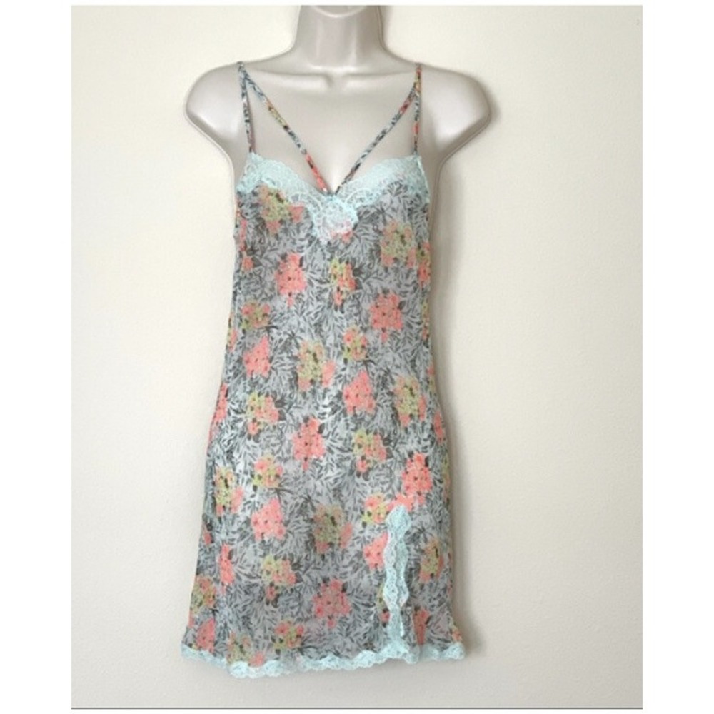 Victoria's Secret Strappy Mint Green Pink Floral Lace Trim Chemise XS